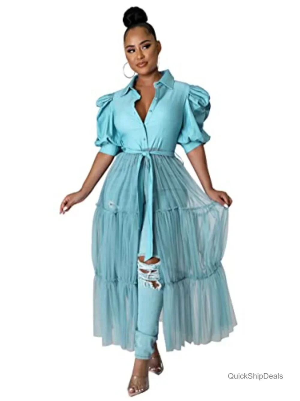Short Sleeve Bodycon High Low Asymmetrical Ruffle Tunic Blouse Top Dress